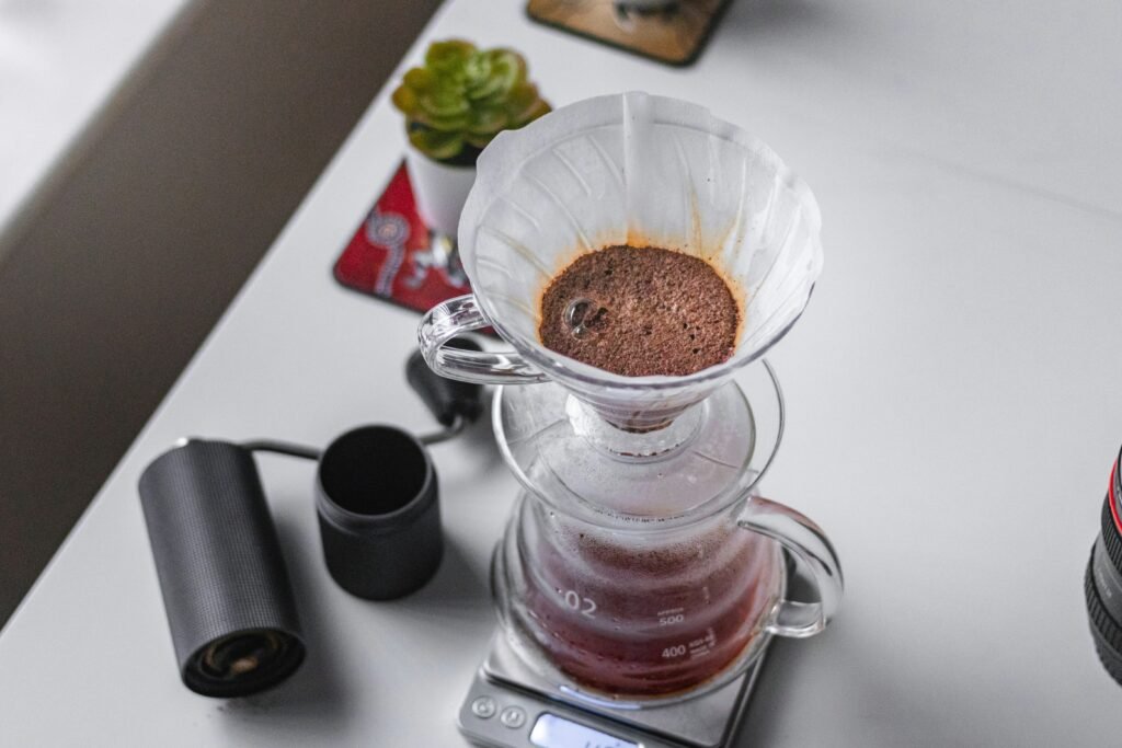 Pour‑Over coffee brewing with V60 top view